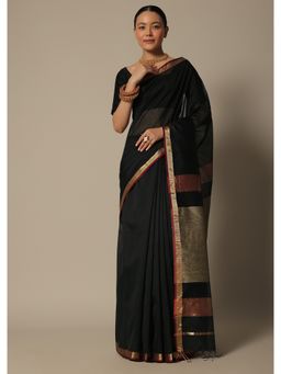 KALKI FASHION - Black Maheshwari Chanderi Silk Saree with Jute Woven Pallu with Unstitched Blouse