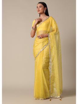 KALKI FASHION - Elegant Yellow Saree with Mirror Scallop Border with Unstitched Blouse