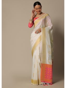KALKI FASHION - White Brocade Silk Saree with Contrast Check Design Pallu with Unstitched Blouse