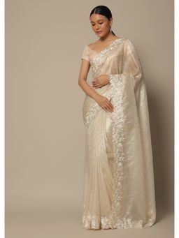 KALKI FASHION - Nude Satin Saree with Floral Motif Thread Work with Unstitched Blouse