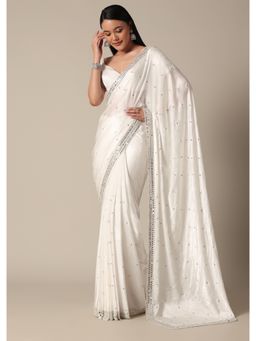 KALKI FASHION - Glamorous White Chinnon Saree with Stone Embellishments with Unstitched Blouse