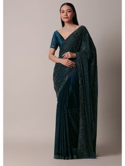 KALKI FASHION - Navy Blue Satin Saree with Swarovski with Unstitched Blouse