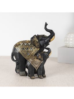 HomeTown - Miraya Elephant With Baby Elephant, Polyresin Hand Finished Figurine Gold & Black