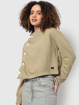 Campus Sutra - Womens Greige Buttoned Sweatshirt