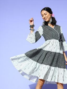Yufta - Women Black Ethnic Motifs Frill Cotton A Line Dress