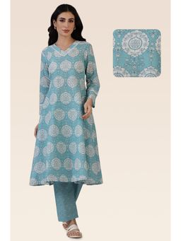 W - Blue Floral Printed A-Line Pure Cotton Kurta with Pant (Set of 2)