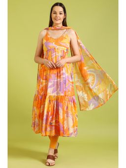 W - Orange Printed Kurta and Leggings with Dupatta (Set of 3)