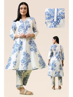 W - Floral Printed Pure Cotton Flared White Kurta & Pant (Set of 2)