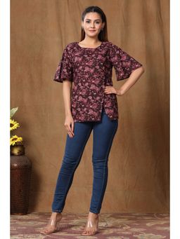 Miravan - Womens Cotton Floral Printed Straight Top Maroon