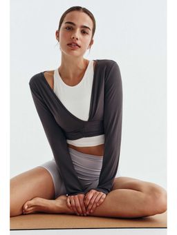 H&M - Women Grey Cropped Tie-Front Yoga Top With Softmove