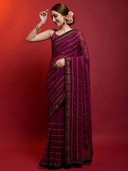 Odette - Wine Georgette Striped Sarees with Unstitched Blouse