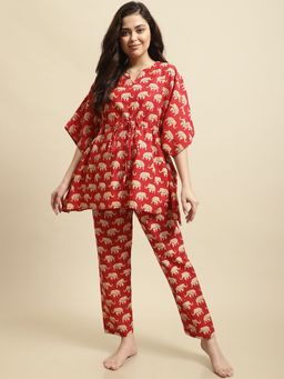 Secret Wish - Womens Red & Yellow Rajasthani Elephant Print Night Suit (Set of 2)