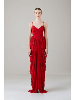 SOTBELLA - Red Scallop Bustier Corset Draped Dress
