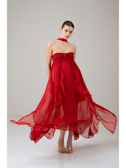 SOTBELLA - Red Ruffle Tube Rose Detail Dress