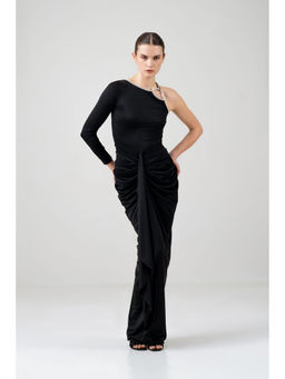 SOTBELLA - Black One Shoulder Draped Rhinestone Lace Detail Dress