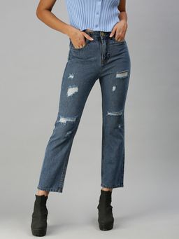 SHOWOFFFF - Women Highly Distressed Blue Straight Fit Denim Jeans
