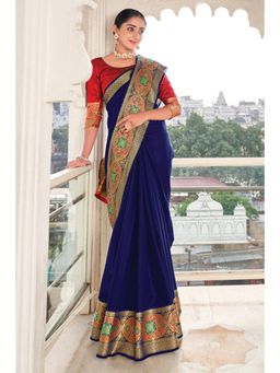 Sangam Prints - Navy Blue Khadi Silk Woven Work Traditional Saree with Unstitched Blouse