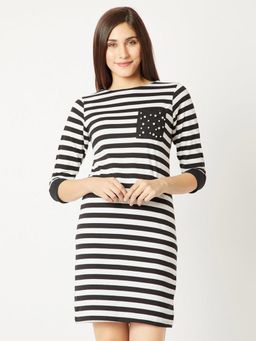 Miss Chase - Womens Black and White Round Neck 3/4 Sleeve Cotton Pearl Detail Mini Shift Dress