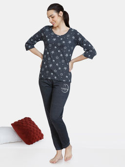 Zivame - Rosaline Starry Nights Knit Cotton Pyjama Set - Black Beauty