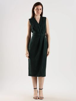 Calvin Klein - Green Polyester V-Neck Sheath Dress