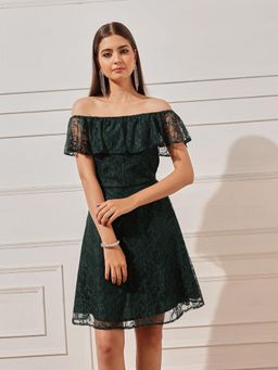 STREET 9 - Green Lace Off Shoulder Dress
