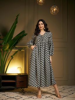 Meeranshi - Polka Dot Print Tie-Up Neck Puff Sleeve Empire Midi Dress