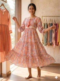 Meeranshi - Peach Floral Print Flared Sleeve Fit and Flare Midi Dress