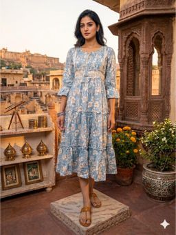 Meeranshi - Blue Floral Print Flared Sleeve Fit and Flare Midi Dress