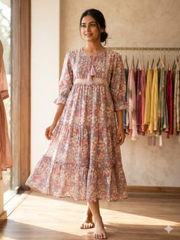 Meeranshi - Purple Floral Print Flared Sleeve Fit and Flare Midi Dress