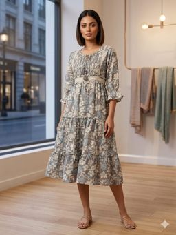 Meeranshi - Grey Floral Print Flared Sleeve Fit and Flare Midi Dress