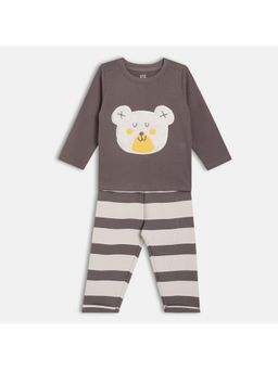 MINI KLUB - Grey Cotton Full Sleeve Teddy Embroidered Clothing Set