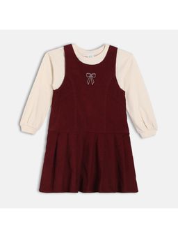 MINI KLUB - White & Wine Cotton Full Sleeves Solid Pinny with Top Set