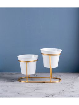 Nurturing Green - Oval Gold Metal Floor Stand with White Planter (Set of 3)