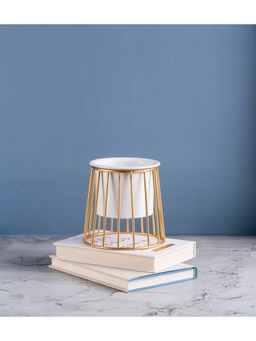 Nurturing Green - Conical Gold Metal Table Stand with White Planter (Set of 2)