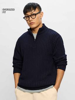 The Souled Store - Navy Blue Solid Oversized Sweatshirt