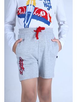 3PIN - Boys Grey Melange Brooklyn Typography Printed Cotton Shorts with Red Drawstring