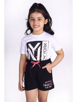 3PIN - Black Believe In Your Self Girl Power Printed Cotton Shorts with Pink Drawstring