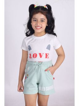 3PIN - Girls Camo Green Hello Summer Typography HD Printed Cotton Shorts with Drawstring