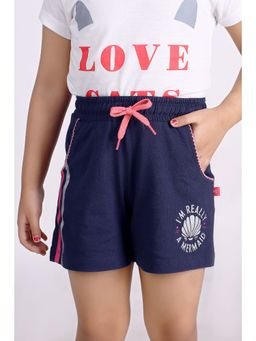 3PIN - Girls Navy I Am Really A Mermaid Printed Cotton Shorts with Drawstring