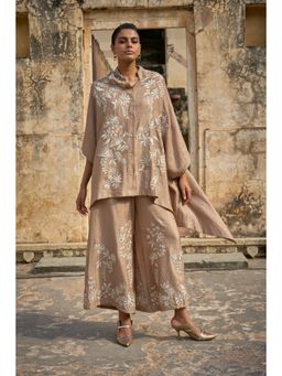 dash and dot - Brown Embroidered Flared Sleeves Top & Wide Legged Palazzo (Set of 2)