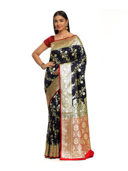 Banarasi Silk Works - Women Navy Blue Satin Saree with Unstitched Blouse