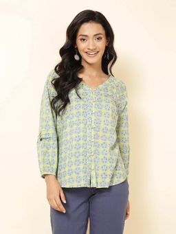 Fabindia - Green Cotton Printed Top