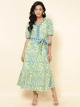 Fabindia - Green Cotton Printed Midi Dress With Belt (Set of 2)
