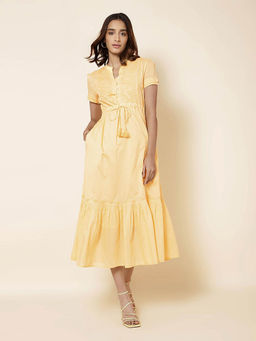 Fabindia - Yellow Cotton Chikankari Midi Dress With Slip (Set of 2)