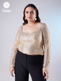 Twenty Dresses by Nykaa Fashion - Curve Gold Sequin V Neck Short Top