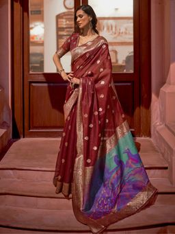 Akhilam - Women Silk Blend Brown Woven Design Handloom Saree with Unstitched Blouse