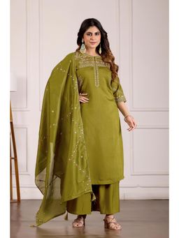 Gahan - Green Festive Viscose Mango Silk Anarkali Kurta with Palazzo & Dupatta