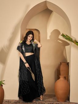 Gahan - Black Vichitra Sequence Embroidered Crop Top with Palazzo and Shrug