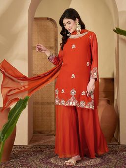 Gahan - Red Georgette Zari Sequence Thread Embroidered Kurta with Palazzo & Dupatta