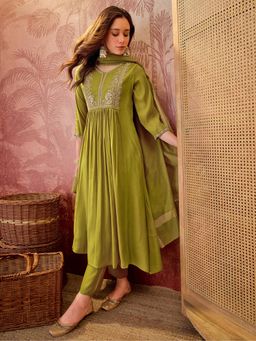 Gahan - Parrot Green Mal Zari Sequence Hand Work Embroidered Kurta with Pant & Dupatta